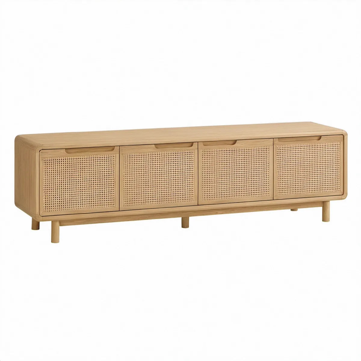 TV-bænk med 4 låger i naturfarvet eg og rattan, 180 x 40 x 50 cm