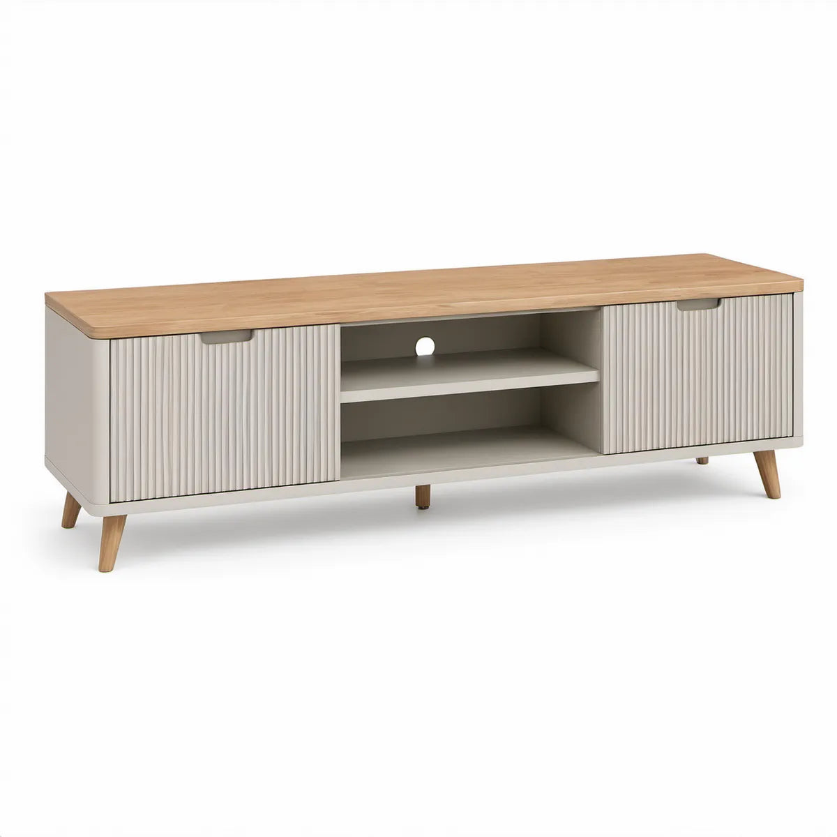 TV-bord med 2 skydedøre og åbne hylder, hvid/naturfarvet MDF, 180 x 40 x 60 cm