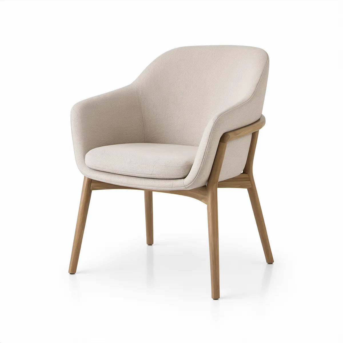 Polstret lænestol med armlæn i cremefarvet polyester og massiv eg, 62 x 63 x 82 cm