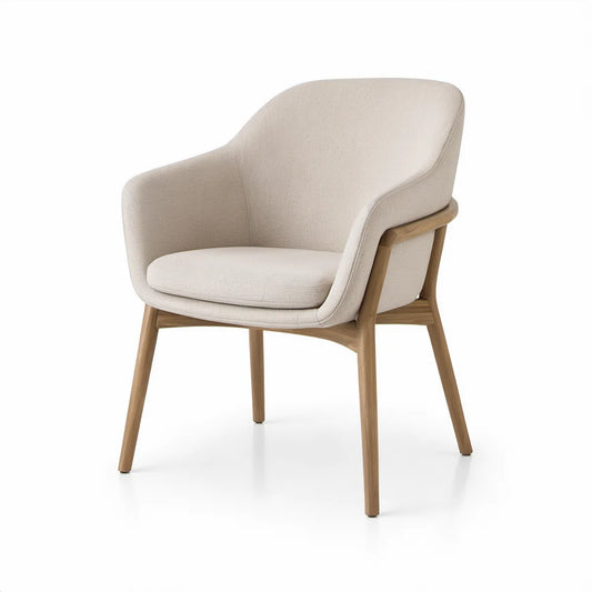 Polstret lænestol med armlæn i cremefarvet polyester og massiv eg, 62 x 63 x 82 cm