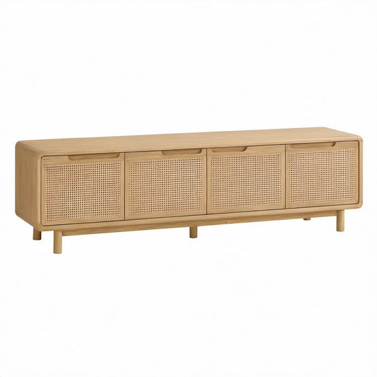 TV-bænk med 4 låger i naturfarvet eg og rattan, 180 x 40 x 50 cm