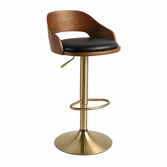 Højdejusterbar barstol med ryglæn, valnøddefinér og sort PU, 52 x 52 x 89-109 cm